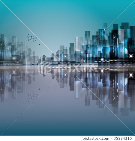 Modern night city skyline with reflection - Stock Illustration ...