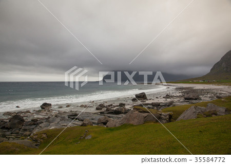 Dramatic scenery on the Uttakleiv beach, Norway 35584772
