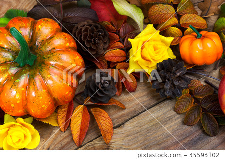Thanksgiving pumpkin, pine cones rustic background 35593102