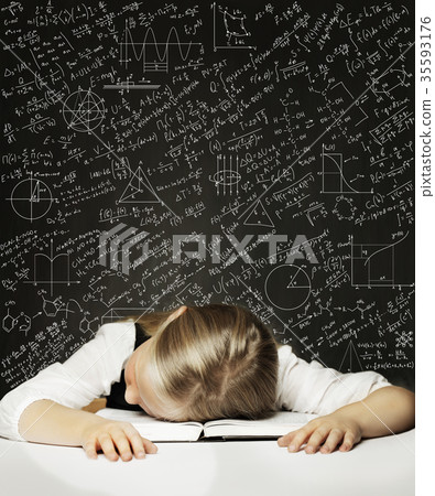 Tired Schoolgirl on the Blackboard Background 35593176