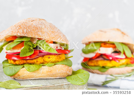Vegan lentils burgers with tofu and vegetables. 35593258
