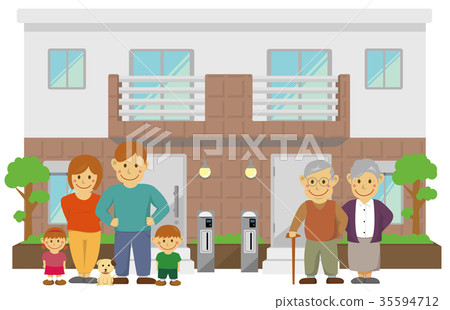 一起居住圖像例證的兩家庭房子和父母三代 35594712