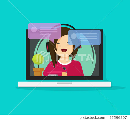 Girl in headset chatting or talking on internet on Girl in headset chatting or talking on internet on 35596207