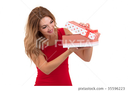 Portrait of casual young happy smiling woman hold Portrait of casual young happy smiling woman hold 35596223