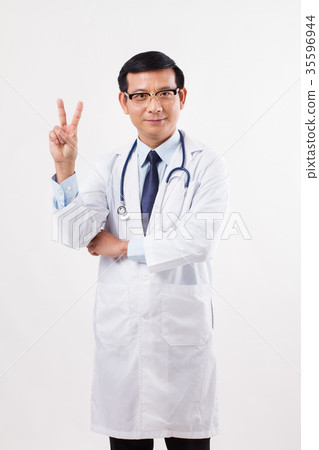 asian male doctor pointing up 2 fingers, victory asian male doctor pointing up 2 fingers, victory 35596944