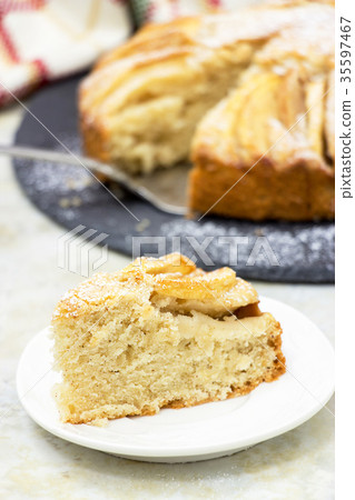 Piece sweet apple cake with cinnamon white plate Piece sweet apple cake with cinnamon white plate 35597467