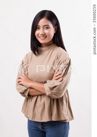 happy smiling asian arab woman studio isolated happy smiling asian arab woman studio isolated 35600259