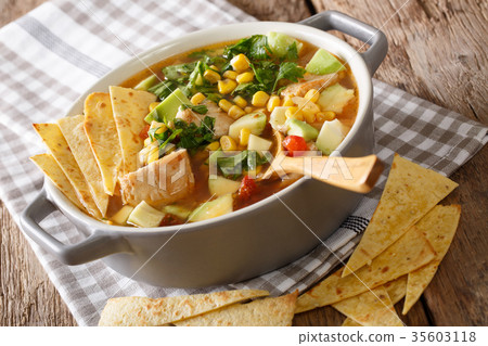 Mexican tortilla soup with chicken and vegetables 35603118