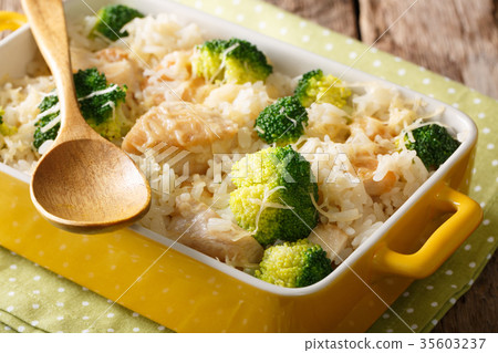 Homemade rice with broccoli, chicken, garlic Homemade rice with broccoli, chicken, garlic 35603237