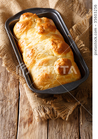 just out of the oven brioche bread in the tray 35603256