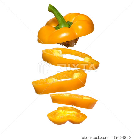 Creative concept with flying yellow paprika. Sliced floating pepper isolated 35604860