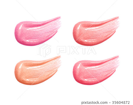 Set of different lip glosses smear samples isolated on white. Smudged makeup product sample. 35604872
