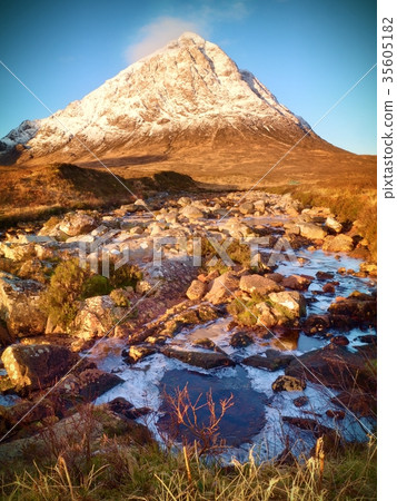 At river Coupall at river Etive. Snowy mountain 35605182