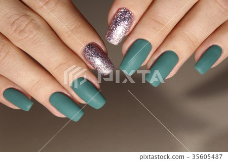 Green manicure with black and mirror detail 35605487