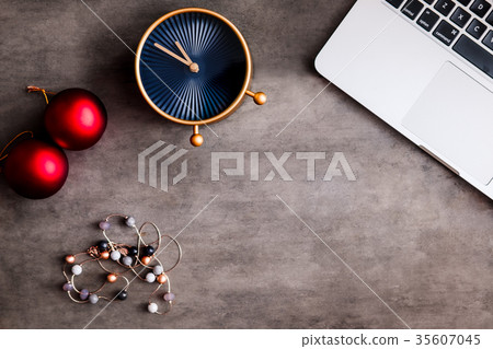 Christmas flatlay with retro clock and laptop Christmas flatlay with retro clock and laptop 35607045