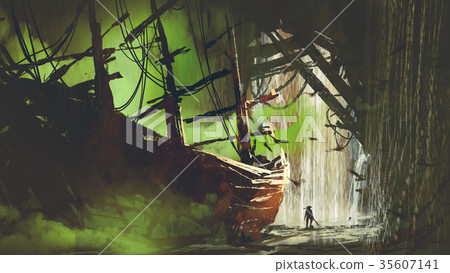 abandoned pirate ship in waterfall cave abandoned pirate ship in waterfall cave 35607141