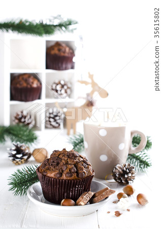 Christmas chocolate muffin and cocoa. 35615802