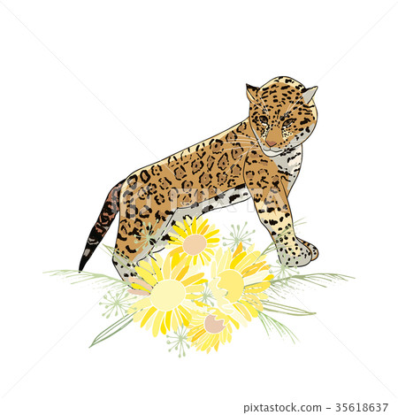 Retro style Illustration with flowers and animal Retro style Illustration with flowers and animal 35618637