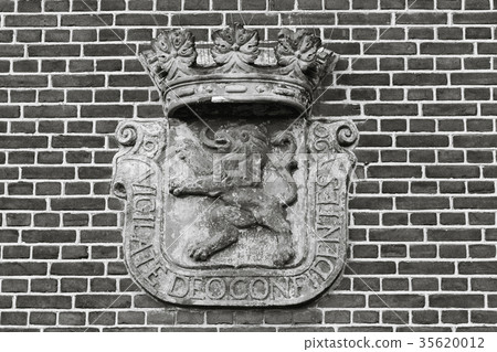 Medieval coat of arms on the brick wall in Europe. 35620012