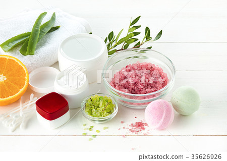 Spa concept with salt, mint, lotion, towel on Spa concept with salt, mint, lotion, towel on 35626926
