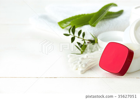 Spa concept with salt, mint, lotion, towel on 35627051