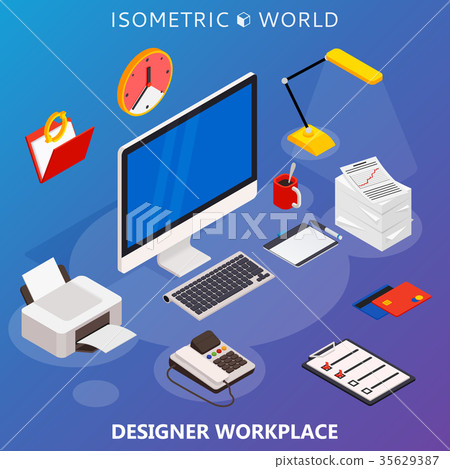Modern flat 3d isometric concept of workplace - Stock Illustration ...