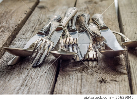 Vintage old tableware on wooden table 35629845