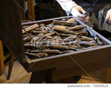 Vintage cobbler workshop with shoe making tools. 35630523