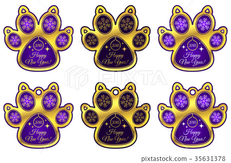 Dog Paw 2018 of New Year. Set of Stickers 35631378
