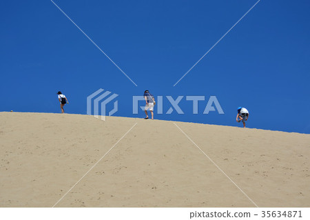 Blue sky scenery with tourists going on the Tottori sand dunes and hills (7) 35634871