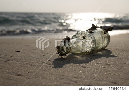 The bottle waste on the beach 35640684