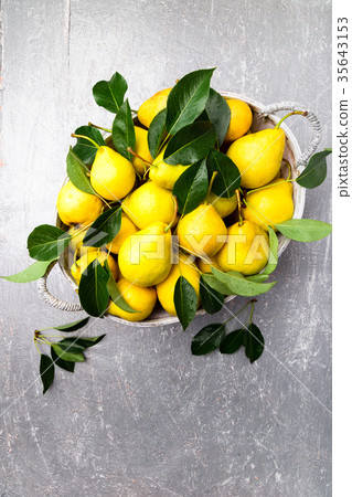 Yellow pear in grey basket in grey background. Yellow pear in grey basket in grey background. 35643153