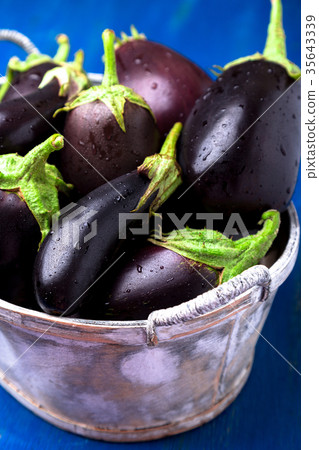 Fresh eggplant in grey basket on blue wooden tabl Fresh eggplant in grey basket on blue wooden tabl 35643339