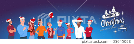 Group Of People Wearing Santa Hats Merry Christmas - Stock Illustration ...