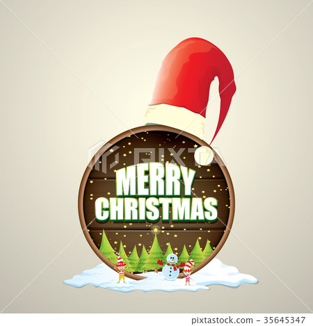 vector Christmas label with red santa hat, tree 35645347