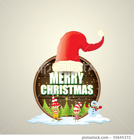 vector Christmas label with red santa hat, tree 35645372