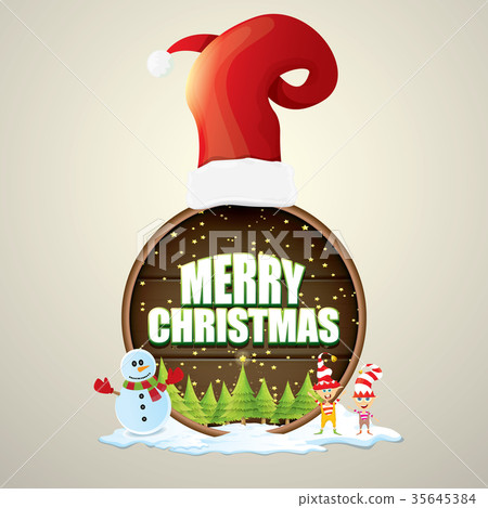 vector Christmas label with red santa hat, tree vector Christmas label with red santa hat, tree 35645384