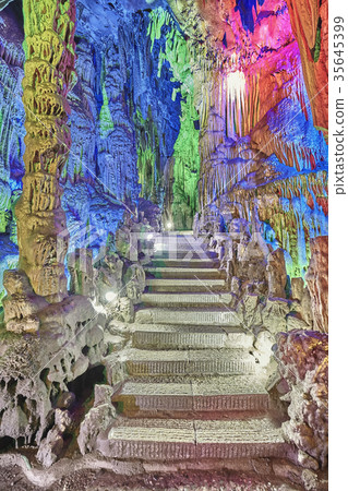 Stone stairs in Reed Flute Cave in Guilin, China. 35645399