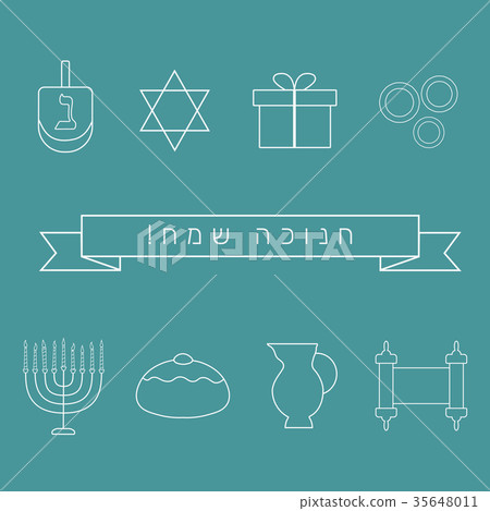 Hanukkah holiday flat design thin line icons set 35648011