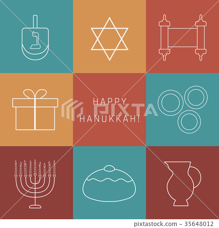 Hanukkah holiday flat design thin line icons set 35648012