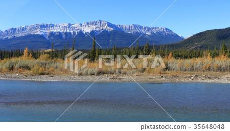 Rocky Mountain peaks with Athabasca River Rocky Mountain peaks with Athabasca River 35648048