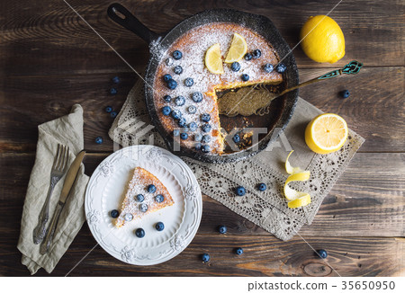 Homemade lemon pie in iron skillet 35650950