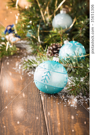 Bright christmas greeting card with blue ball Bright christmas greeting card with blue ball 35651306