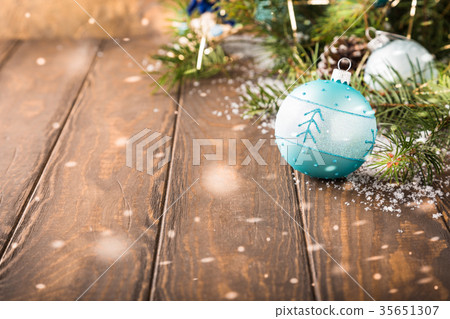 Bright christmas greeting card with blue ball Bright christmas greeting card with blue ball 35651307