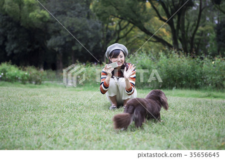 A woman taking a picture of a dog A woman taking a picture of a dog 35656645