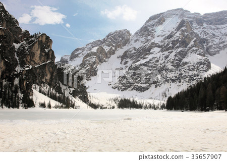 frozen lake Braies at Dolomites alps, Italy 35657907