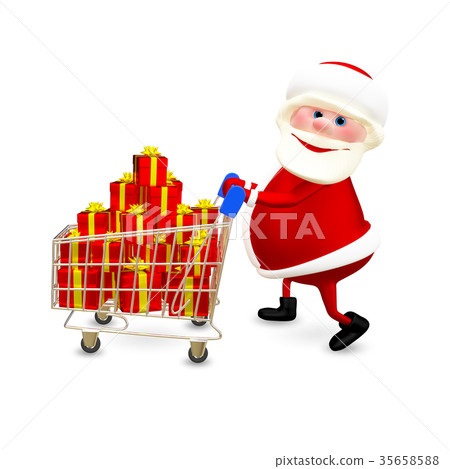 3D Illustration Santa with the Trolley with Gifts 3D Illustration Santa with the Trolley with Gifts 35658588