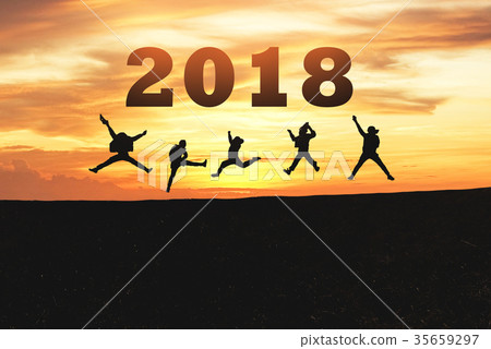 Happy new year card 2018. Silhouette of teenager Happy new year card 2018. Silhouette of teenager 35659297