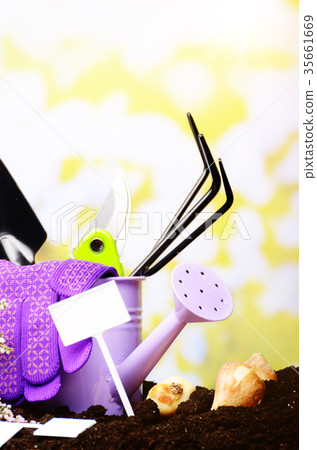 Gardening tools of shovel rake labels 35661669