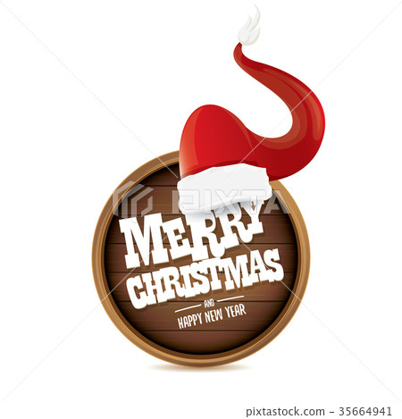 vector red Santa hat with circle wooden board sign vector red Santa hat with circle wooden board sign 35664941